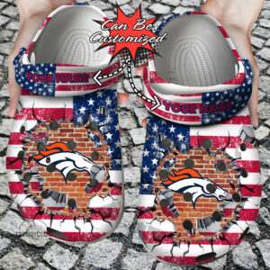 Personalized D.Broncos American Flag Breaking Wall Clog Shoes